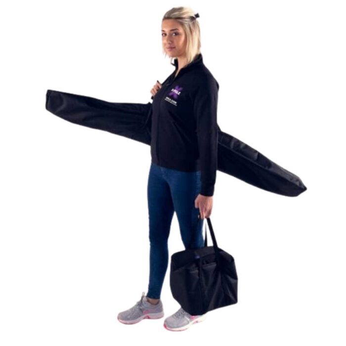 X Pole A Frame Aerial Fitness in all carrying bags with pole fitness woman