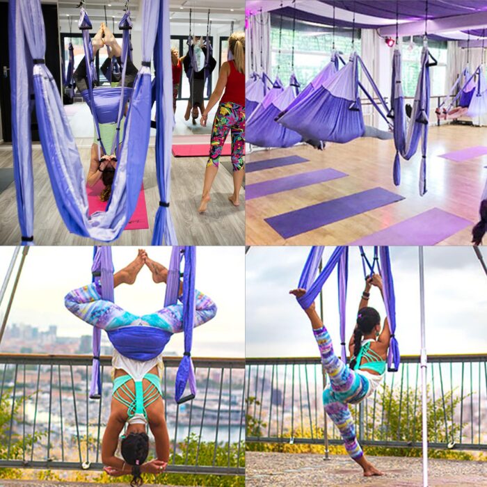 Yoga Swing with kit with ceiling mount, carry bag, carrabiners, and daisy chains.
